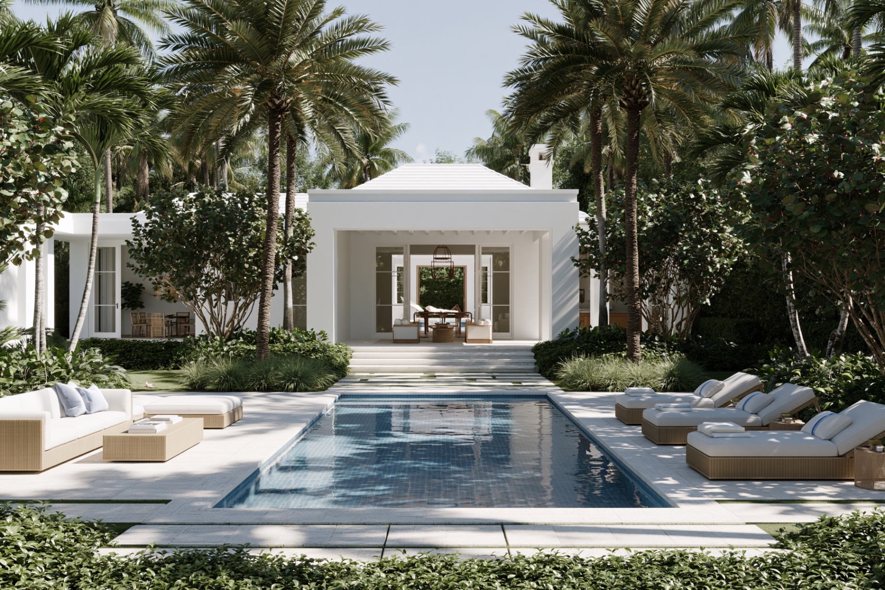 Miami Residence, Miami — reflecting pool and shaded pavilion framed by palms