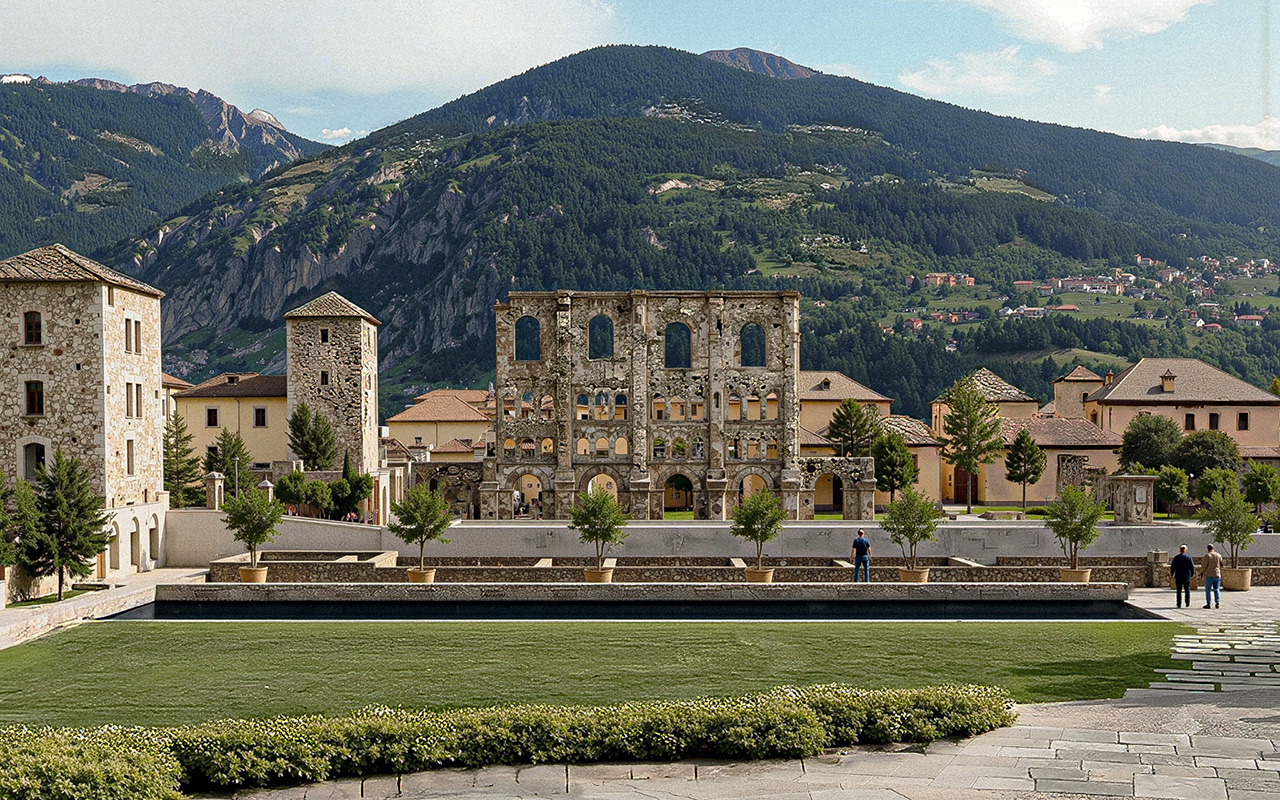 Roman Ruins, Aosta, Italy — reflecting pond alongside standing Roman walls