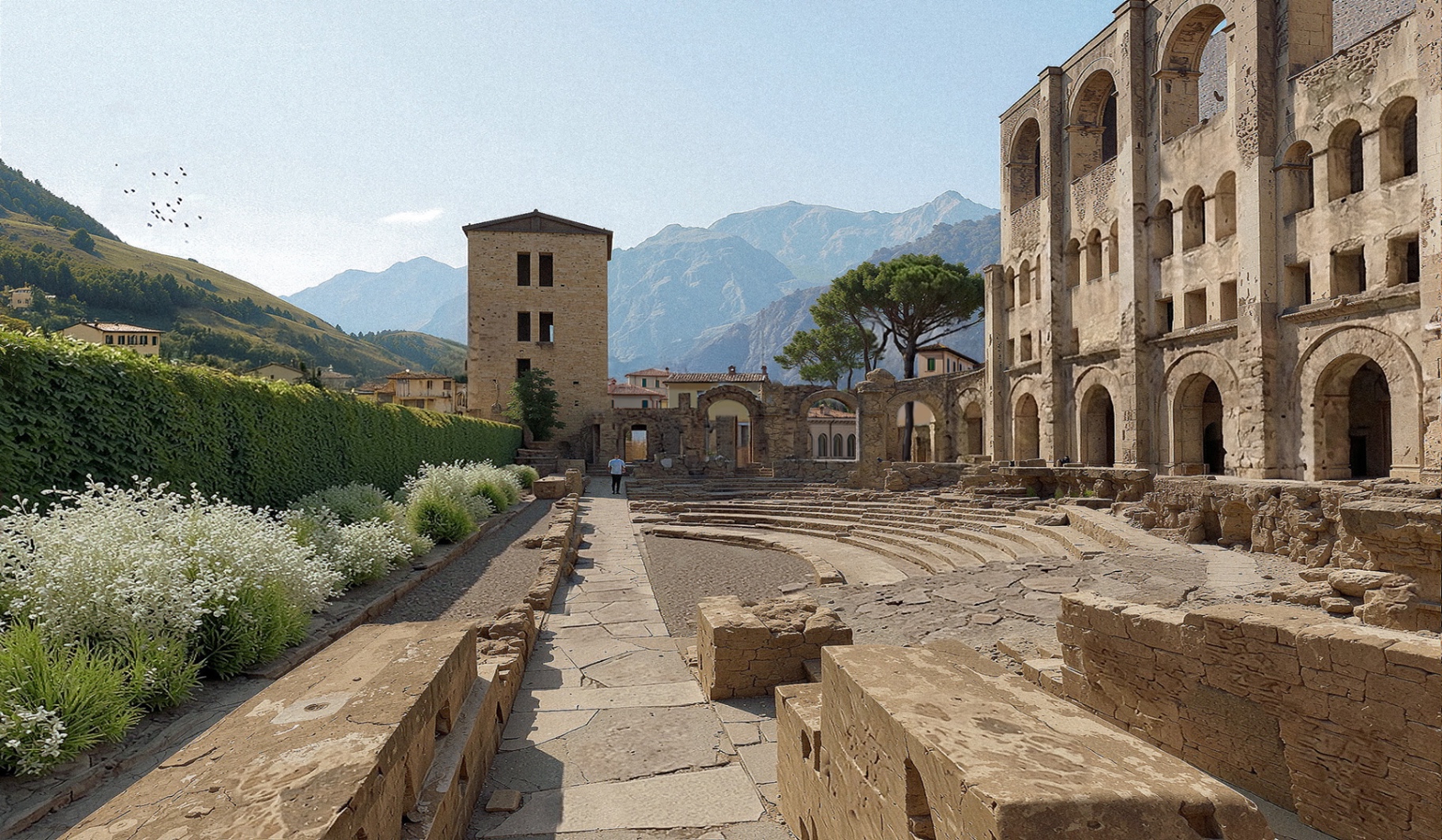 Roman Ruins, Aosta, Italy — stone terraces stepping toward the ancient amphitheater