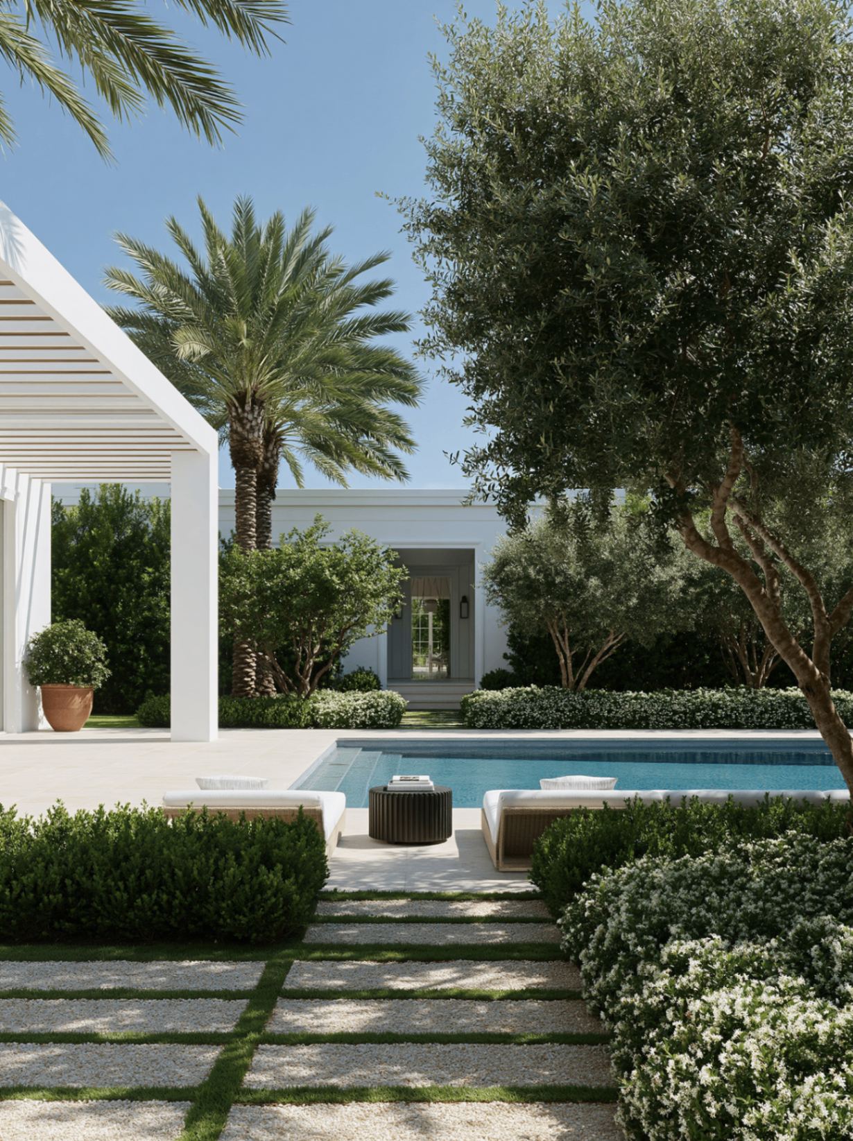 Miami Residence, Miami — pool courtyard with palms and shaded pavilion