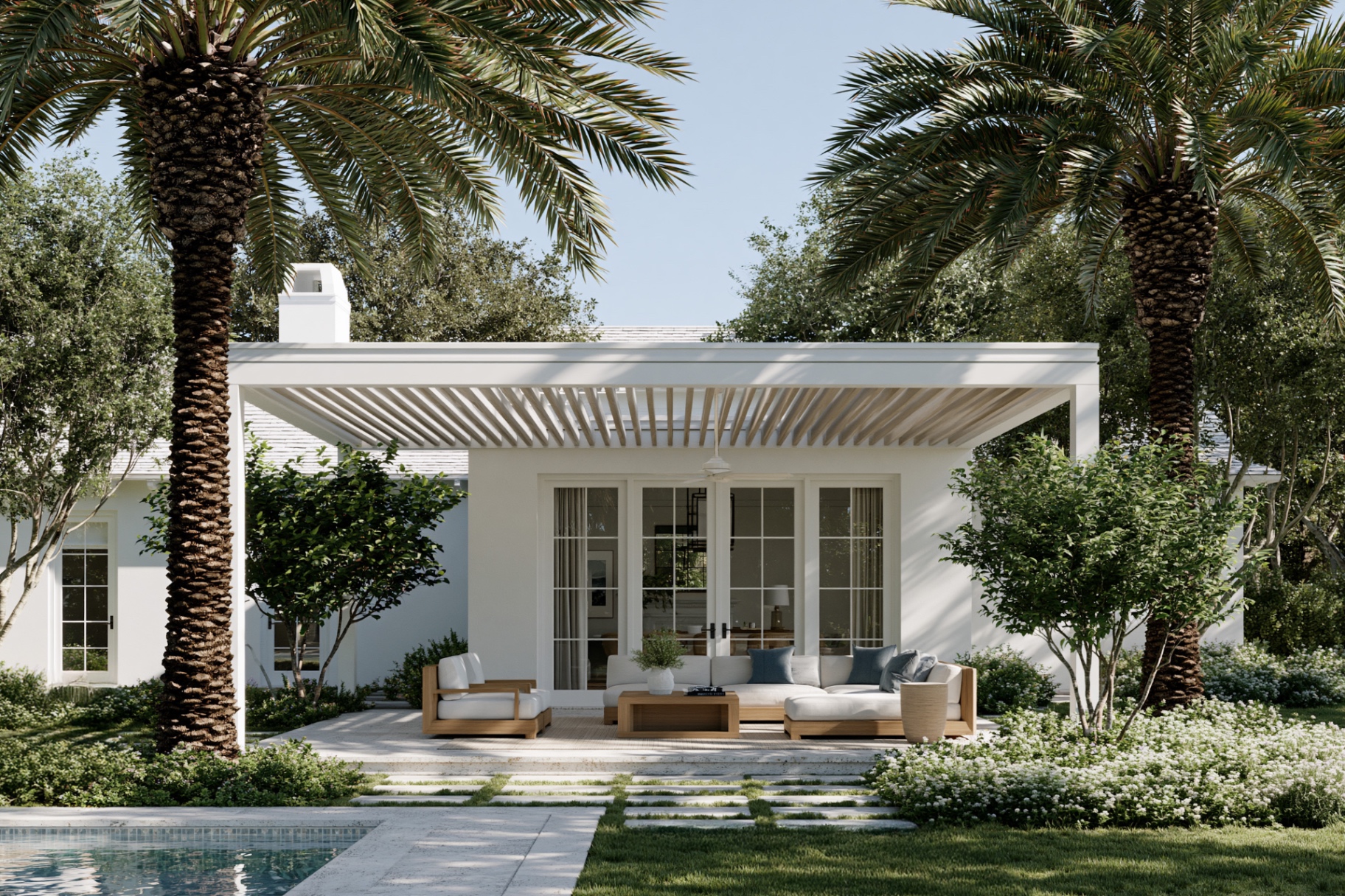 Miller House, Baton Rouge — pergola beside the residence under live oaks